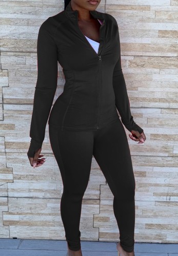 Black Zipper Up Long Sleeves Top and Pant Two Piece Set
