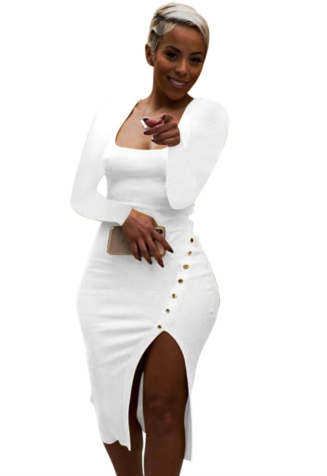 White Ribbed Square Neck Long Sleeves Slit Tight Dress