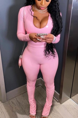 Pink U-neck Long Sleeve Top and Pant Two Piece Set