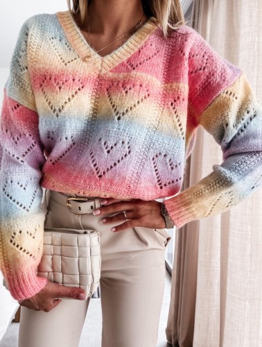 Rainbow Color Drop Shoulder V-neck Heart Shaped Hollow Out Sweater
