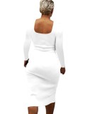 White Ribbed Square Neck Long Sleeves Slit Tight Dress