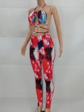 Tie Dye Print Halter Backless Crop Top and Pants Two Piece Set