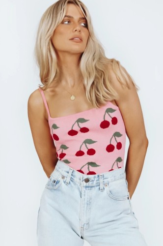 Pink Knit Strawberry Cami Tank Top