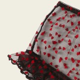 Red and Black Heart Print See Through Mesh Bra and Panty Two Piece Set
