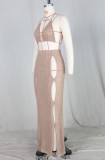 Khaki See Through Halter Kniited Bra and Hollow Out Skirt Two Piece Outfits