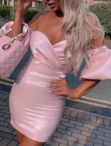 Pink Off Shoulder Bubble Sleeve Bodycon Mini Dress