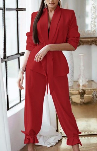 Red Turndown Collar Blazer and Trouser Two Piece Set