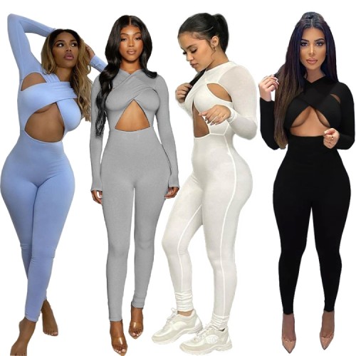 Grey Cut Out Long Sleeve Criss Cross Bodycon Jumpsuit