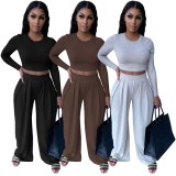 Brown O-Neck Long Sleeves Crop Top and Wide Pants Two Piece Set