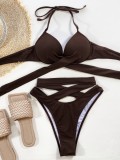 Brown Tie Cut Out Halter Two Piece Swimsuit