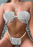 Silver Rhinestones Pearl Halter Bra and T-Back Two Piece Set