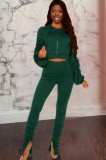 Green Hoody Zipper Open Puff Sleeve Stacked Crop Top and  Pant Two Piece Set