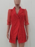 Red Mesh Sleeves Turndown Collar Blazer Dress