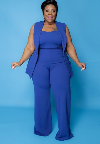 Plus Size Blue Crop Top with Sleeveless Turndown Collar Blazer and Wide Pants 3 pcs Set