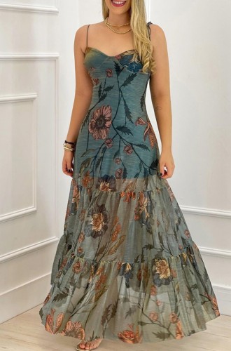 Floral Cami A-Line Translucent Hem Maxi Dress