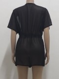 Black Drawstrings Mesh Short Sleeve Blouse Cover-Up