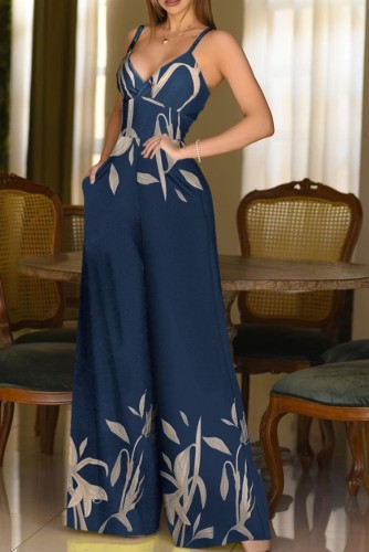 Trendy Leaf Printed Blue Cami Wide-legged Jumpsuit