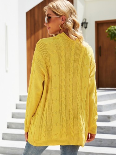 Yellow Long Sleeves Long Crochet Coat with Pockets