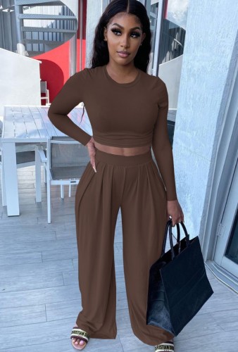 Brown O-Neck Long Sleeves Crop Top and Wide Pants Two Piece Set