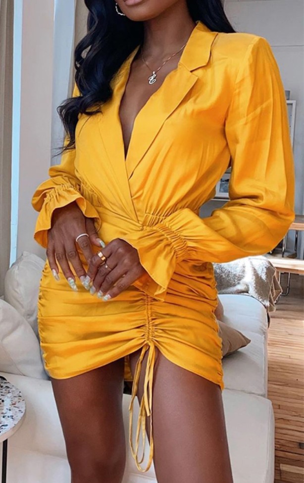 Yellow Turndown Collar Long Ruffle Sleeve Ruched Mini Dress