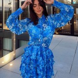 Blue Floral Print Long Sleeve Ruffle Midi Dress