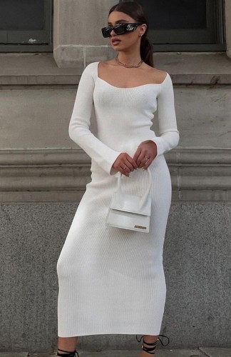 White Knit Square Neck Long Sleeves Slit Maxi Dress