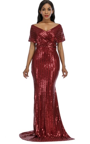 Elegant Red Sequin V-Neck Slit Maxi Evening Dress