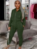 Green Zipper Up Hoody Top and Drawstring Sweatpants Two Piece Set