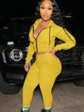 Yellow Hoody Zipper Open Long Sleeve Crop Top and  Pant Two Piece Set