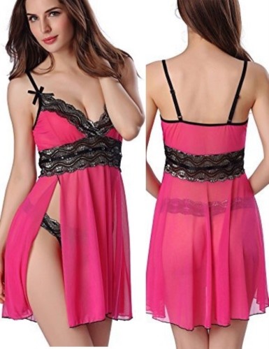 Pink Lace Patch See Through Mesh Cami Dress with Panty Two Piece Set