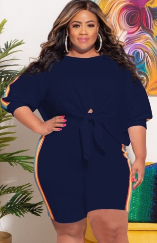 Plus Size Blue Knot O-Neck Loose Crop Top and Shorts Two Piece Set