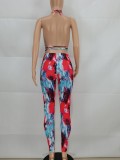 Tie Dye Print Halter Backless Crop Top and Pants Two Piece Set