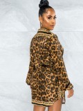 Leopard Turndown Collar Button Up Long Sleeve Blose Dress