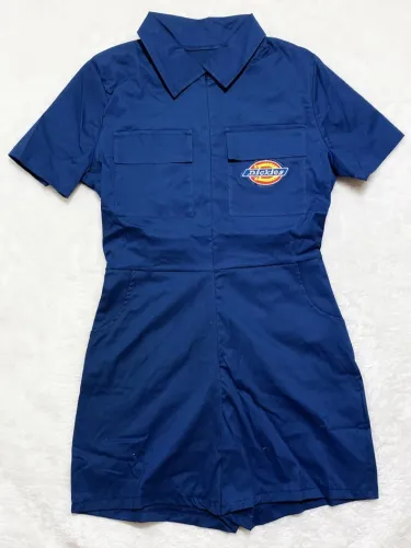 Zipper Up Short Sleeves Pocket Dark Blue Cargo Rompers