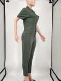 Green Button Up Short Sleeve Slim Fit Cargo Jumpsuit