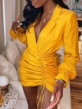 Yellow Turndown Collar Long Ruffle Sleeve Ruched Mini Dress