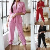 Red Turndown Collar Blazer and Trouser Two Piece Set