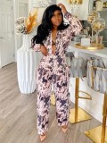 Print Long Sleeves Blouse and Pants Two Piece Set