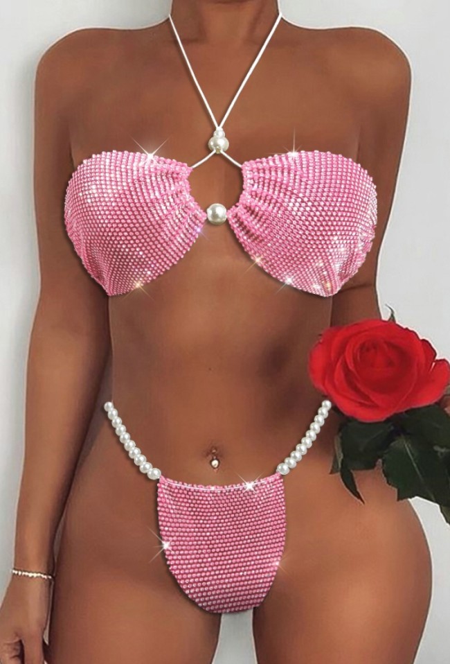 Pink Rhinestones Pearl Halter Bra and T-Back Two Piece Set
