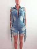 Blue Button Up Sleeveless Distressed Fringe Denim Rompers