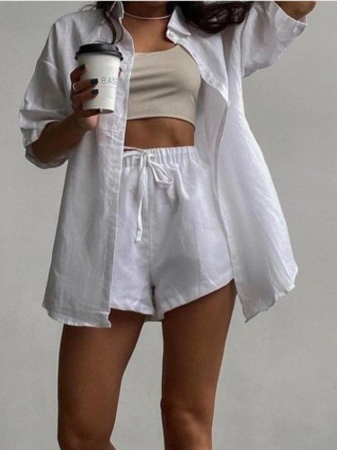 White Short Sleeve Long Blouse and Shorts Two Piece Set