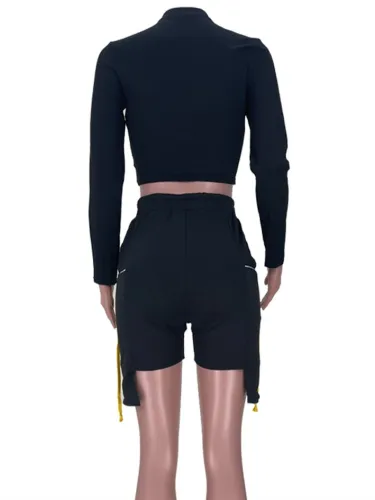 Black Tight Lace-Up Long Sleeves Crop Top and Shorts Two Piece Set