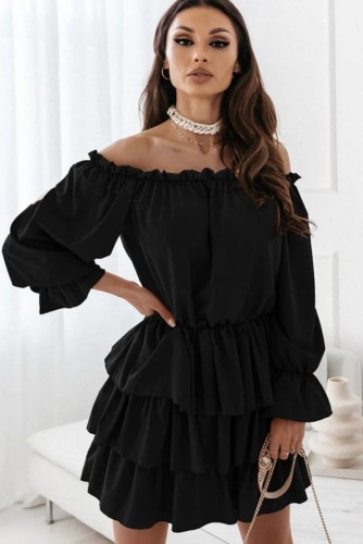 Black Off Shoulder Puff Sleeve Pleated Midi Dress