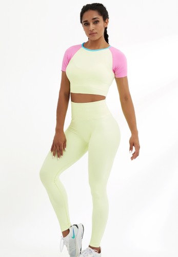 Color Block Short Sleeves  Crop Top and High Waist Skinny Legging Two Piece Set