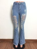 Casual Light Blue High Waist Ripped Flare Jeans