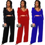 Red Puff Long Sleeve Crop Top and Wide Pants Two Piece Outfits