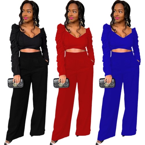 Blue Puff Long Sleeve Crop Top and Wide Pants Two Piece Outfits