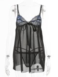 Black Lace Patch See Through Mesh Nightdress and T-Back Two Piece Lingerie Set