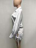 White Hollow Out Long Sleeves Side Strings Short Blouse Dress