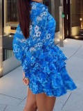 Blue Floral Print Long Sleeve Ruffle Midi Dress